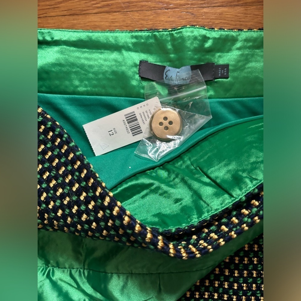 NWT 12 Eva Franco Fern Dot Tweed Faux-Wrap Skirt Green Navy Gold Easy Throw On - Picture 6 of 7